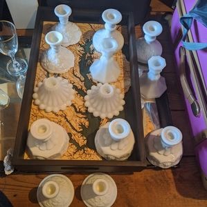 Various milk glass candle holders and vases
